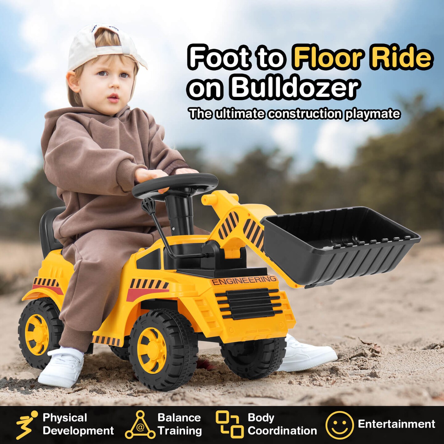Costway Kids Ride on Bulldozer with Adjustable Bucket Engine Sound Excavator Digger Toy