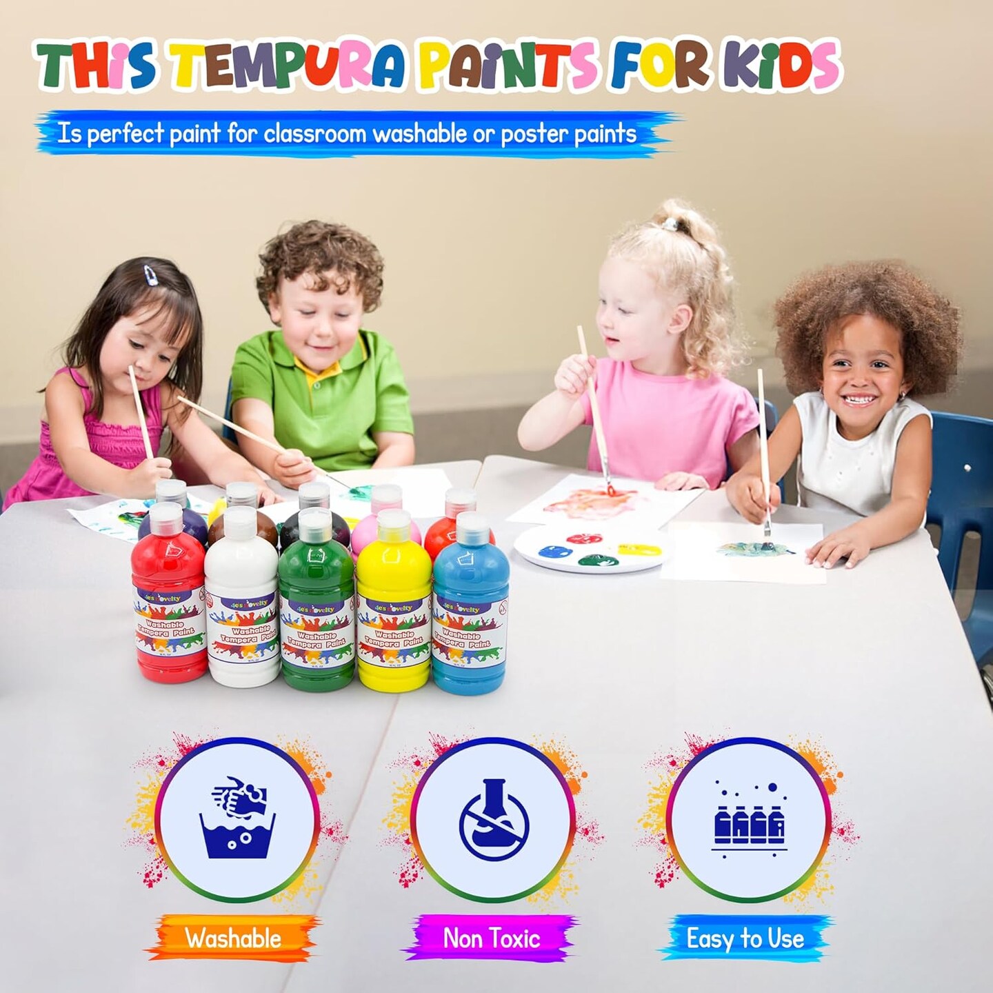 4E's Novelty Washable Tempera Paint Set for Kids – 10 Bright Colors – 16oz Bottles – Non Toxic Washable Paint for Crafts, Classroom, Tempura Paints for Children – Ages 4-8 Paint for Kids Washable