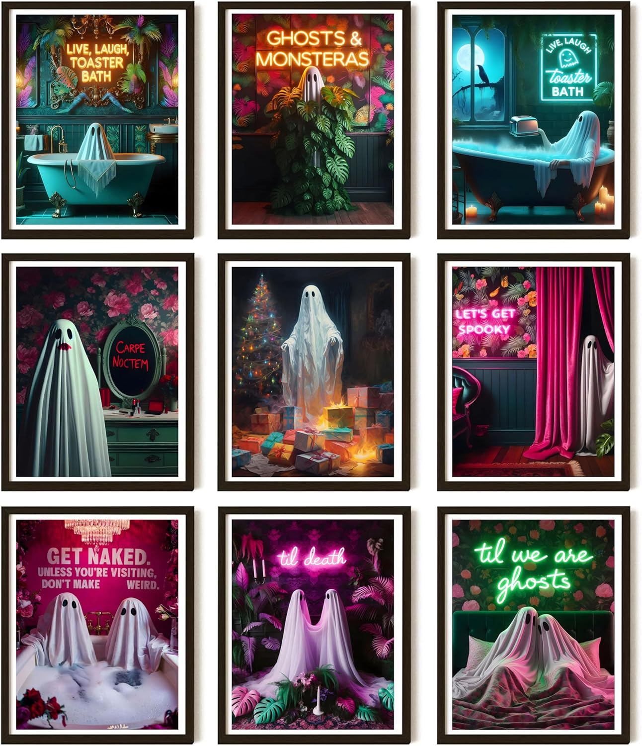 9-Piece Halloween Ghost Canvas Wall Art – Gothic & Dark Academia Cute Ghost Prints, Romantic Couple Horror Posters for Home, Hotel, and Modern Room Decor (Unframed)