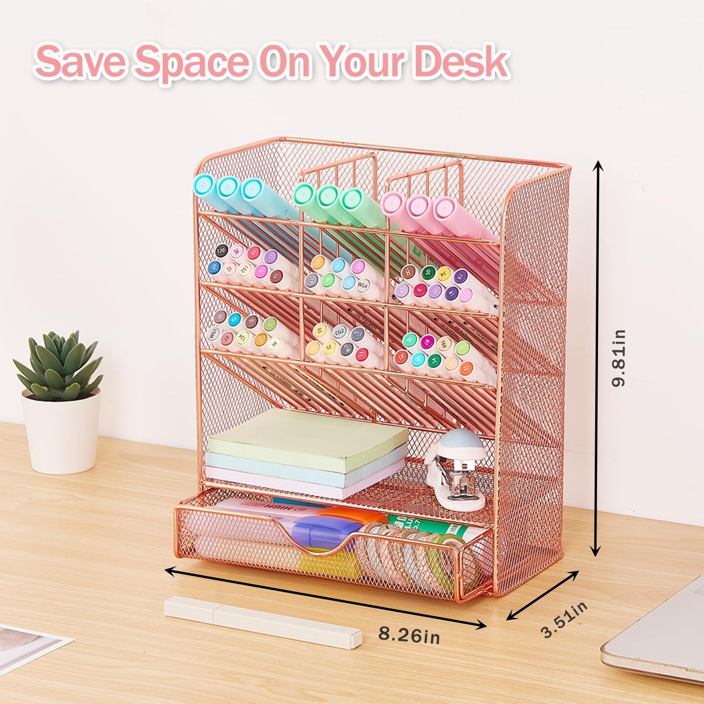 Spacrea Pen Holder Desk Organizer - Desk Organizers and Accessories, Pencil Holder with 10 Compartments and 1 Drawer&#xFF08;Rose Gold&#xFF09;