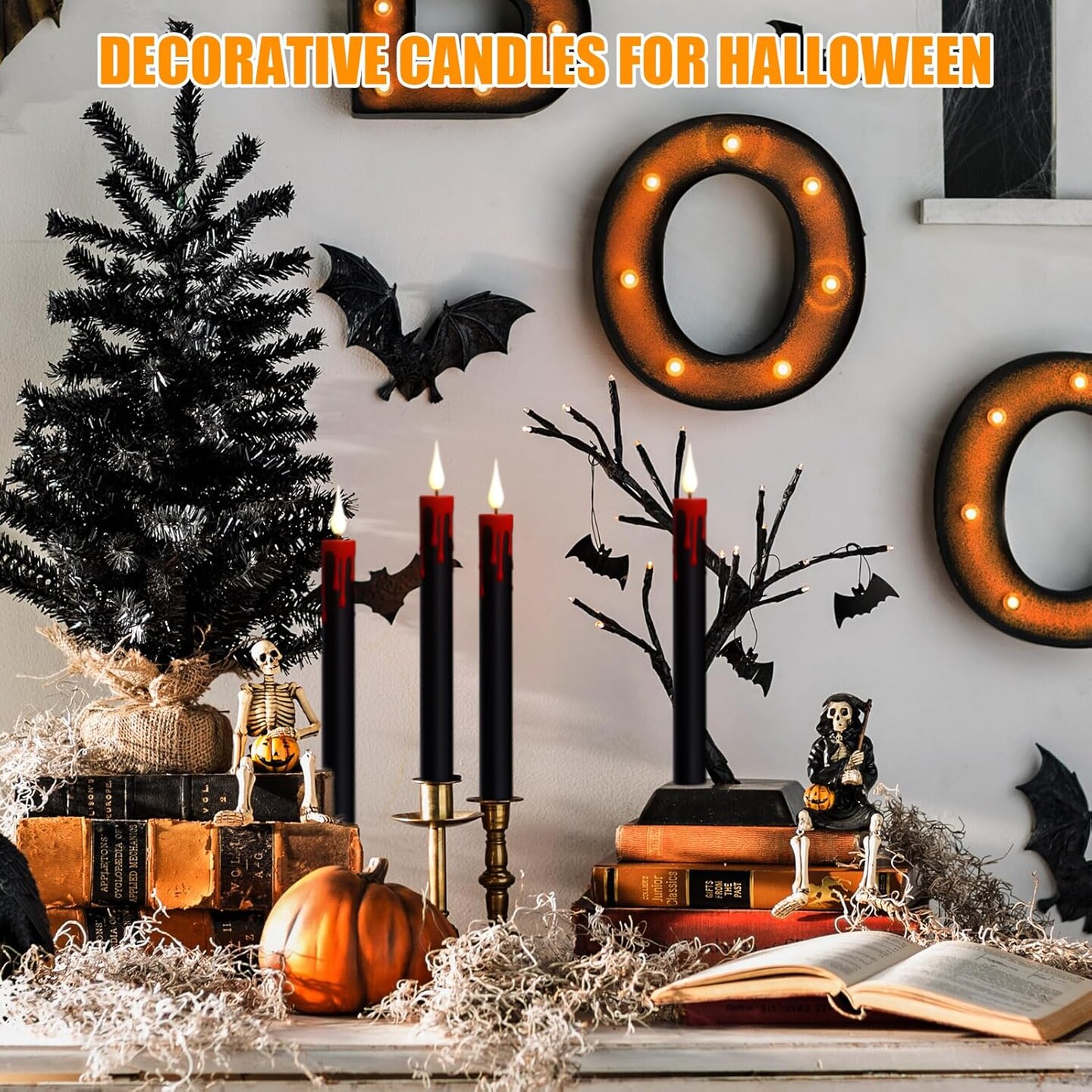4-Pack Black Flameless Taper Candles &#x2013; LED Halloween Decor with Remote &#x26; Timer, Battery Operated