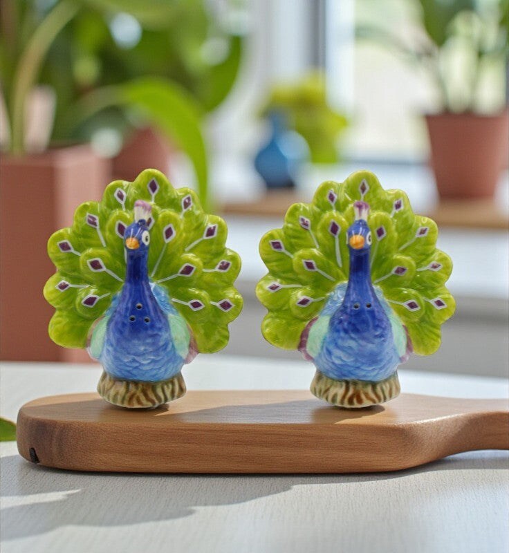 Hand Painted Ceramic Blue Peacock Salt And Pepper Shakers, Home Décor, Gift for Her, Gift for Mom, Kitchen Décor, Birdwatcher Gift