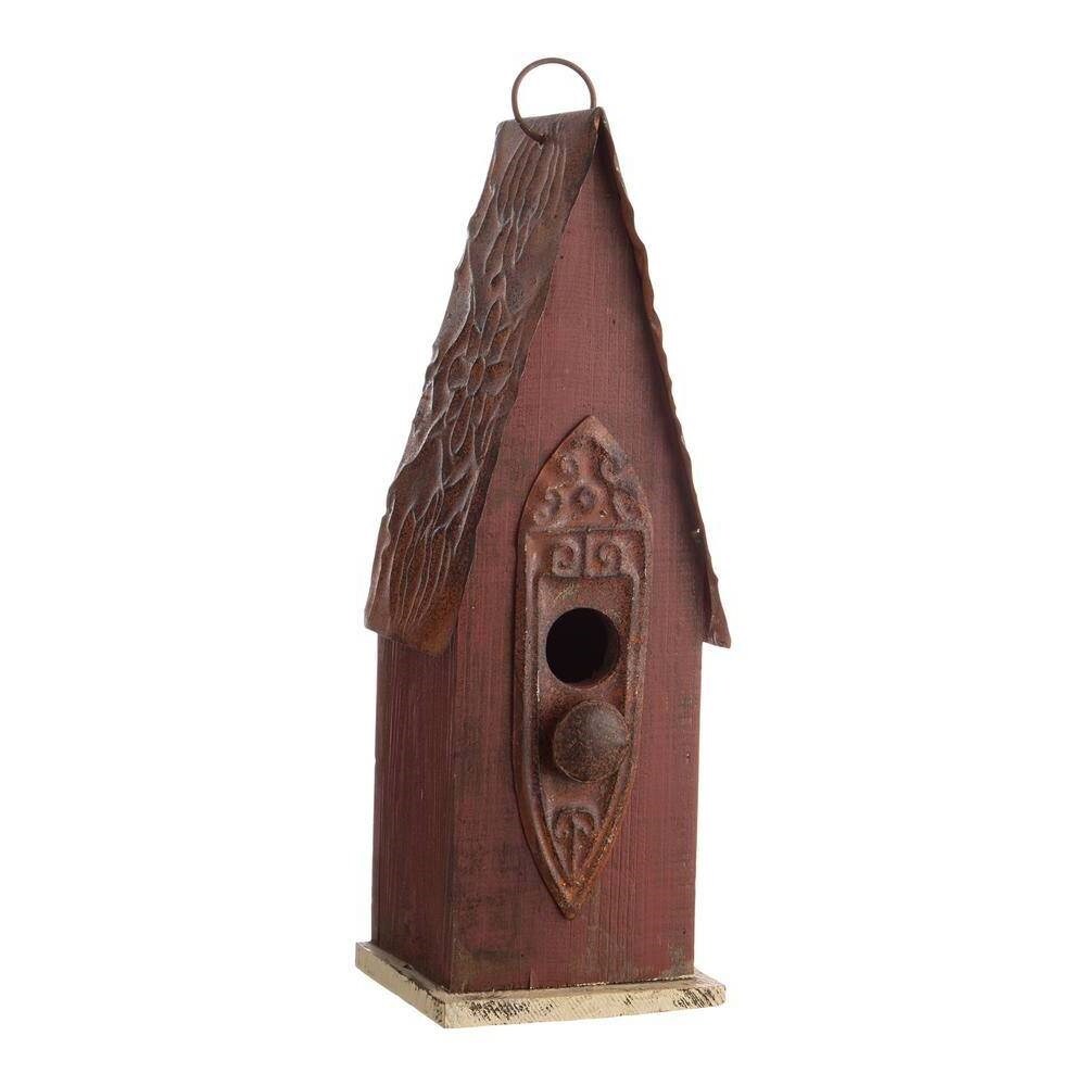 Rustic Brown Solid Wood and Iron Birdhouse with Metal Roof Hanging Ring