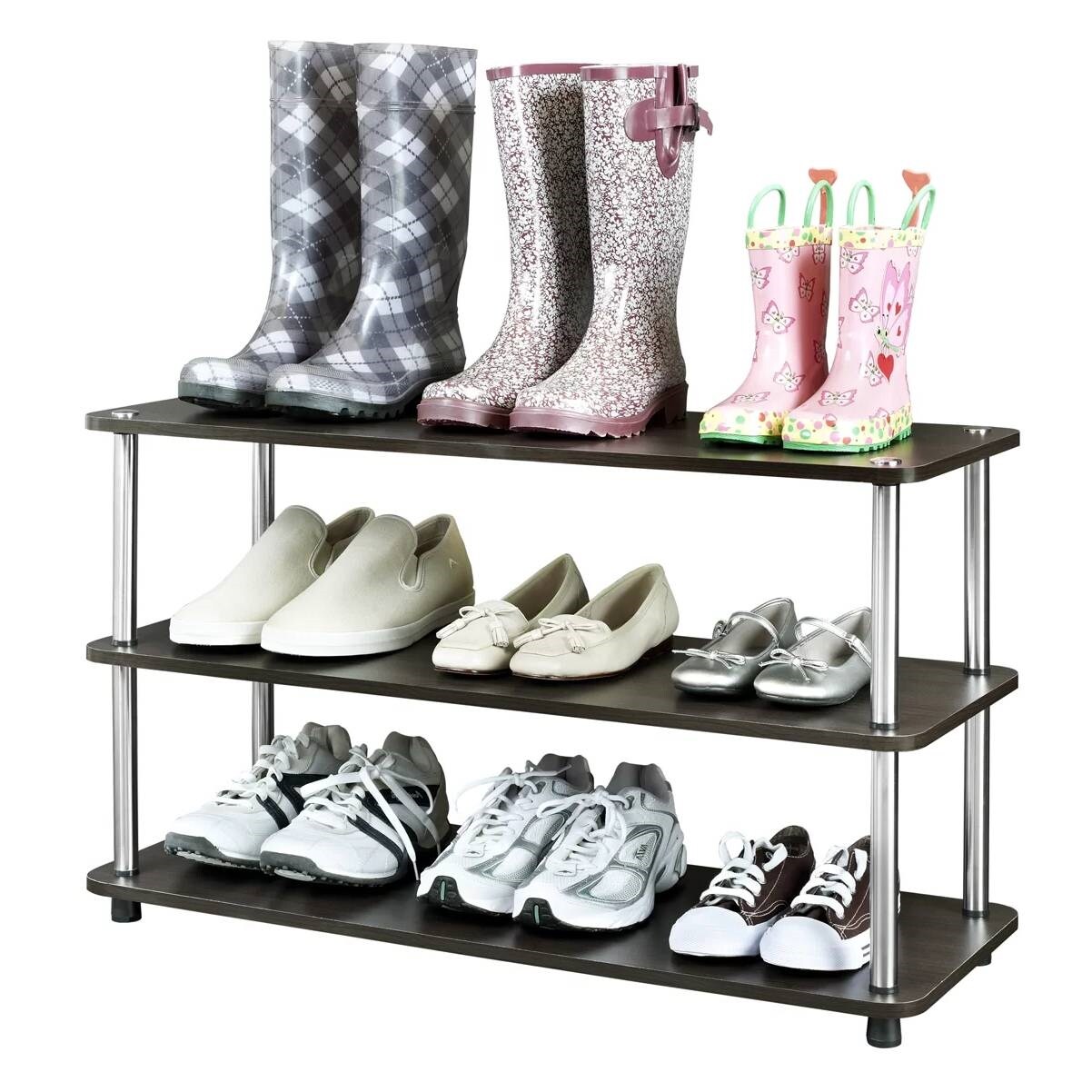 Espresso Wood 3-Shelf Shoe Rack for 12 Pairs with Metal Accents