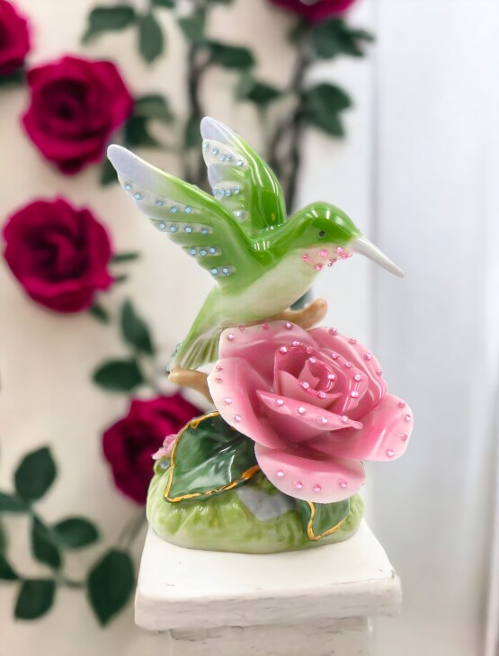 Ceramic Glittering Hummingbird With Pink Rose Flower Figurine, Home Décor, Gift for Her, Gift for Mom, Nature Lover Décor, Cottagecore