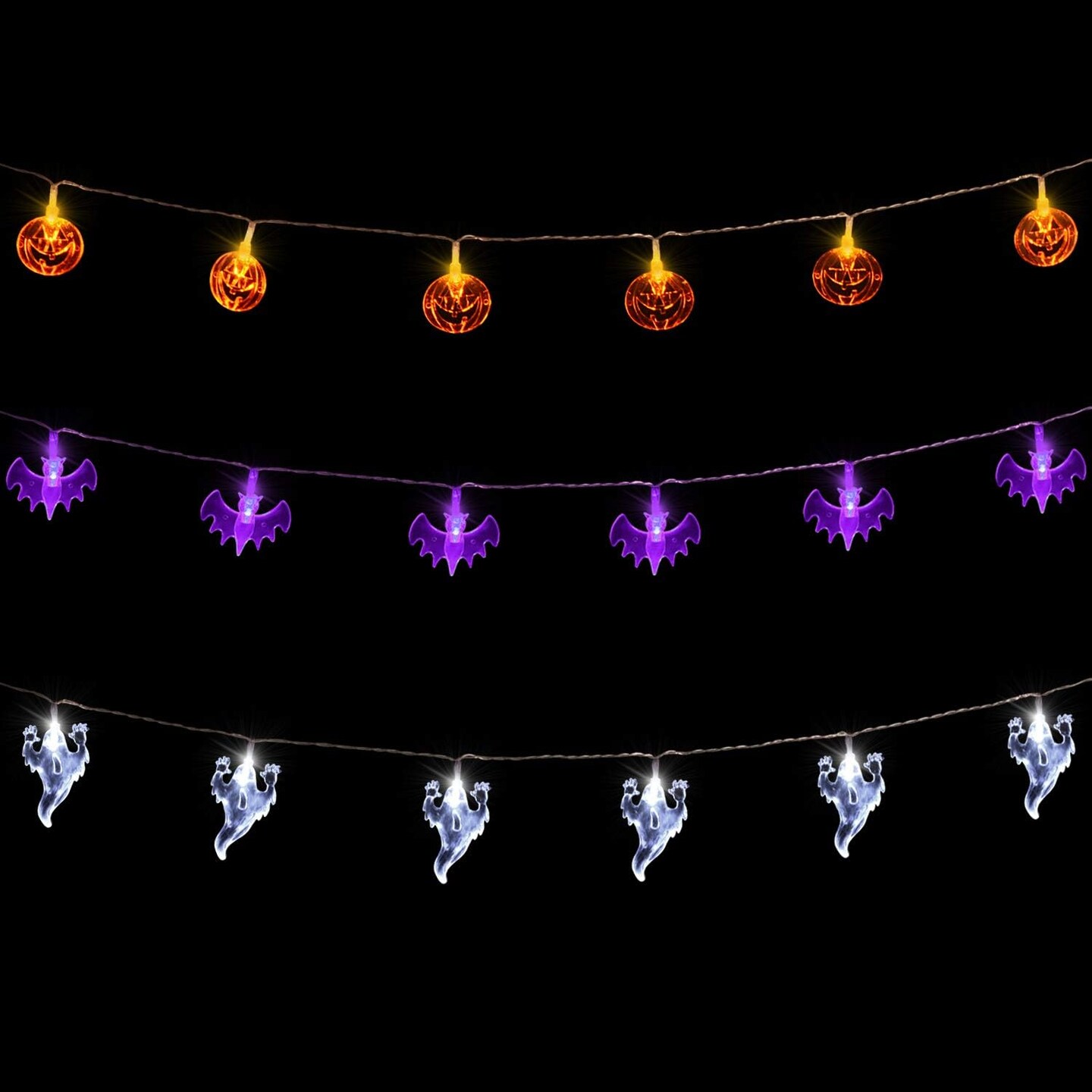 Set of 3 Halloween Lights - Orange Pumpkins, Purple Bats, White Ghosts