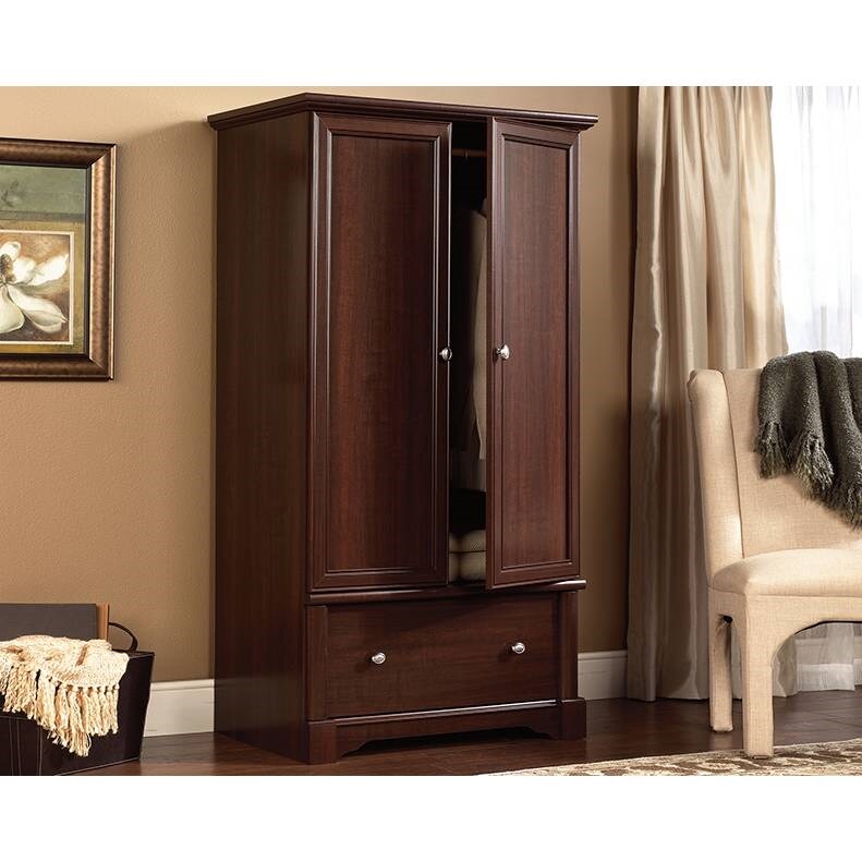 Tall Wooden Wardrobe Armoire in Rustic Cherry with Garment Rod and Drawer for Bedroom Storage
