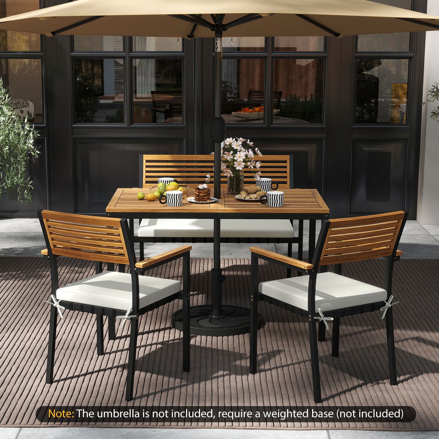 Costway 4 PCS Patio Furniture Set with Acacia Wood & Metal Frame Umbrella 1 table