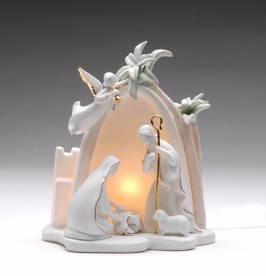 Ceramic Bethlehem - Holy Family Nativity with Palm Trees Nightlight, Home Décor, Religious Décor, Religious Gift, Church Décor, Baptism Gift