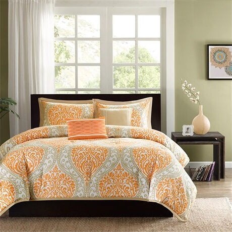 Twin Damask Comforter Set 4 Piece Orange and White Bedding
