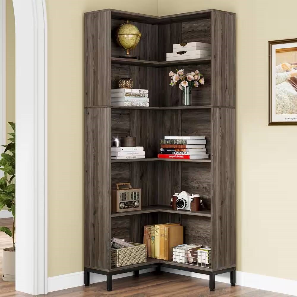 71" Dark Grey Wood Freestanding Corner Etagere Bookshelf with Closed Back and 5-Tier Shelves