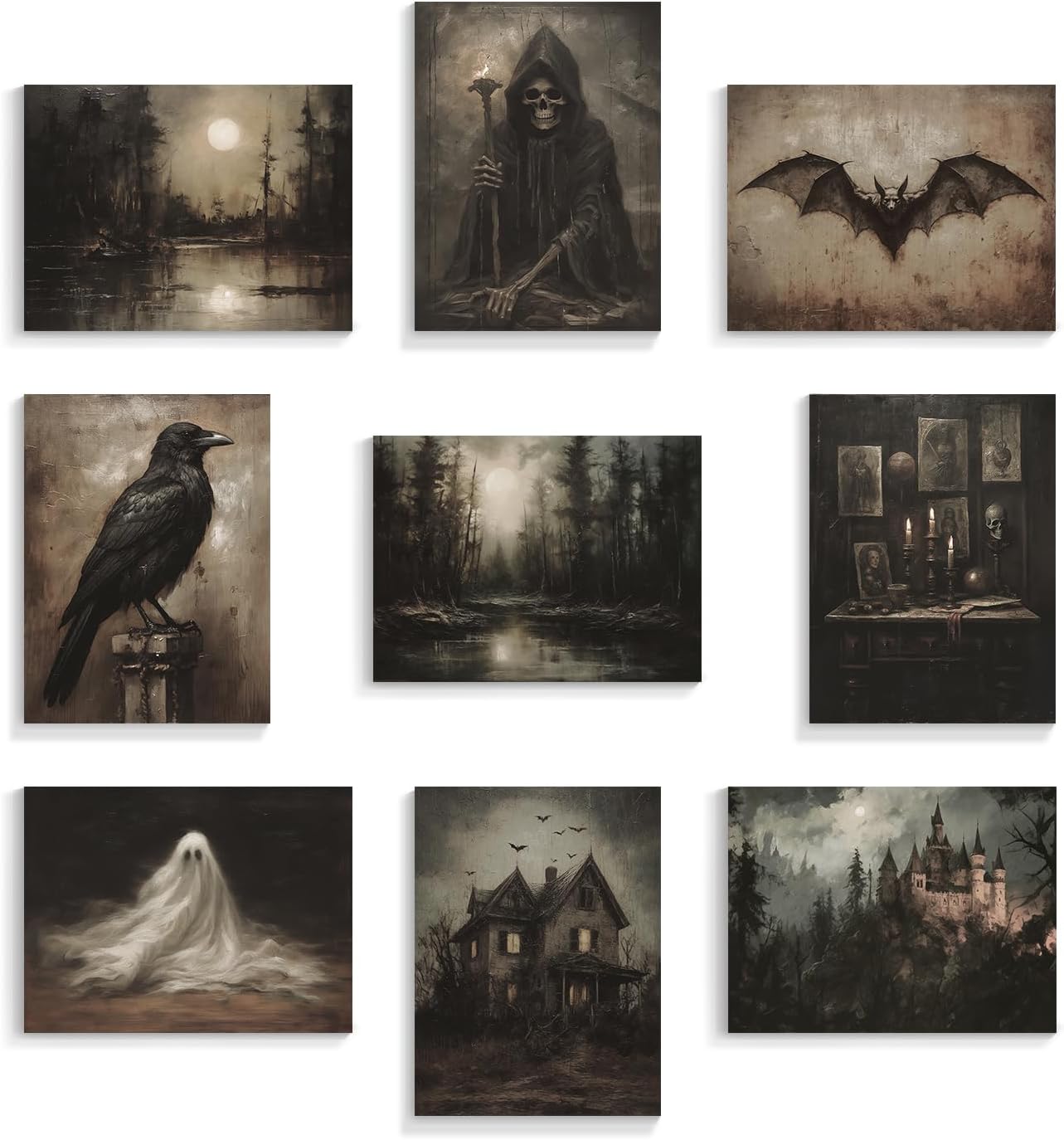 Halloween Wall Art Set – 9PCS Dark Academia Prints (8x10) Featuring Ghosts, Witches, Ravens, Bats & Haunted House Scenes, Moody Gothic Forest Décor for Home & Bedroom