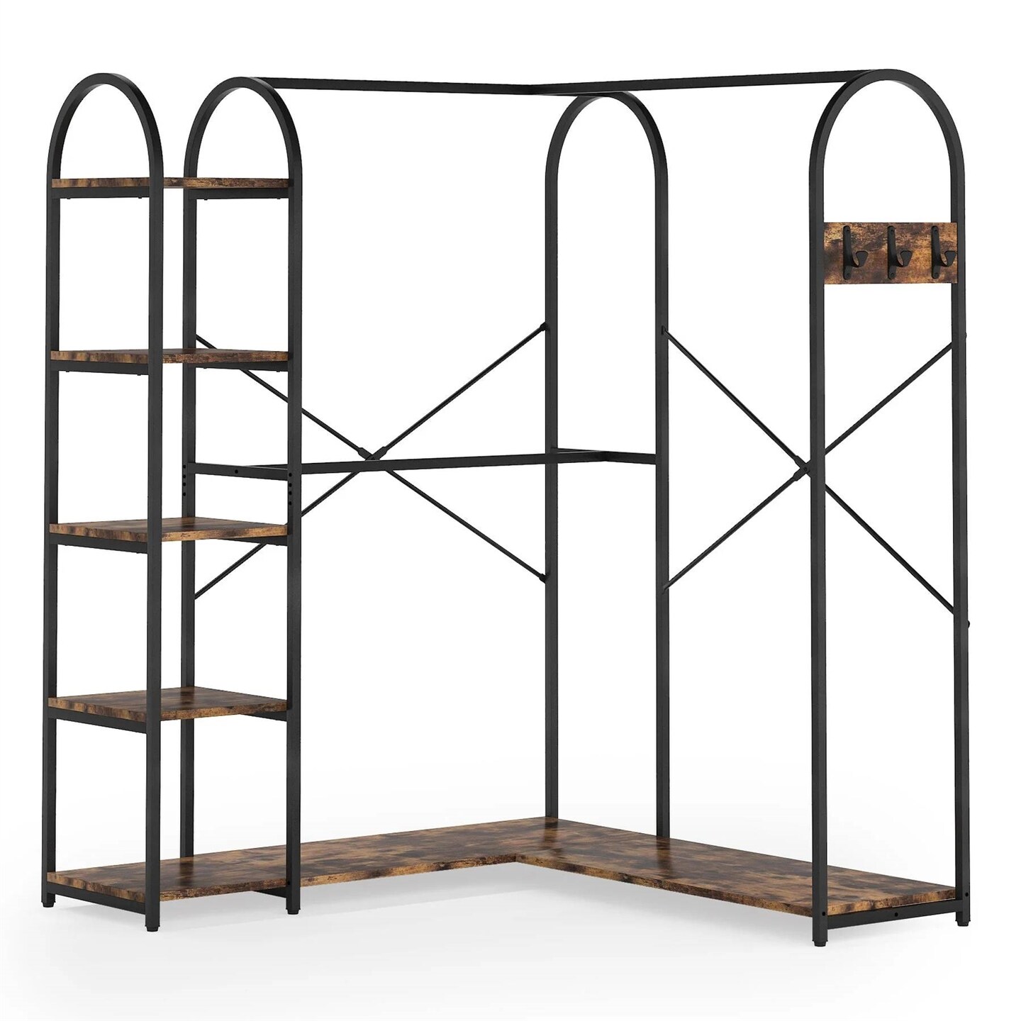 Industrial L Shaped Corner Closet Organizer with Shelves and Garment Rods for Bedroom Storage