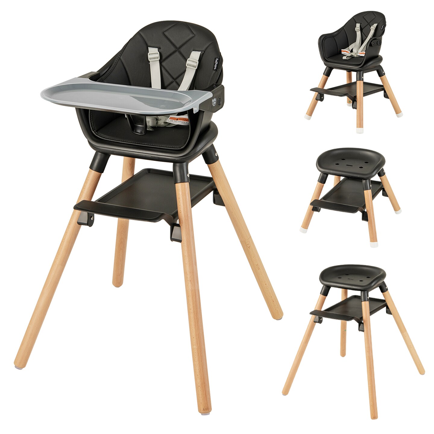 Costway 6-in-1 Convertible Wooden Baby Highchair Infant Feeding Chair with Removable Tray Black/Grey/Pink/White/Beige