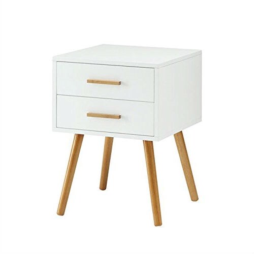 Modern 2-Drawer End Table Nightstand White with Solid Wood Legs and Piano Finish Surface