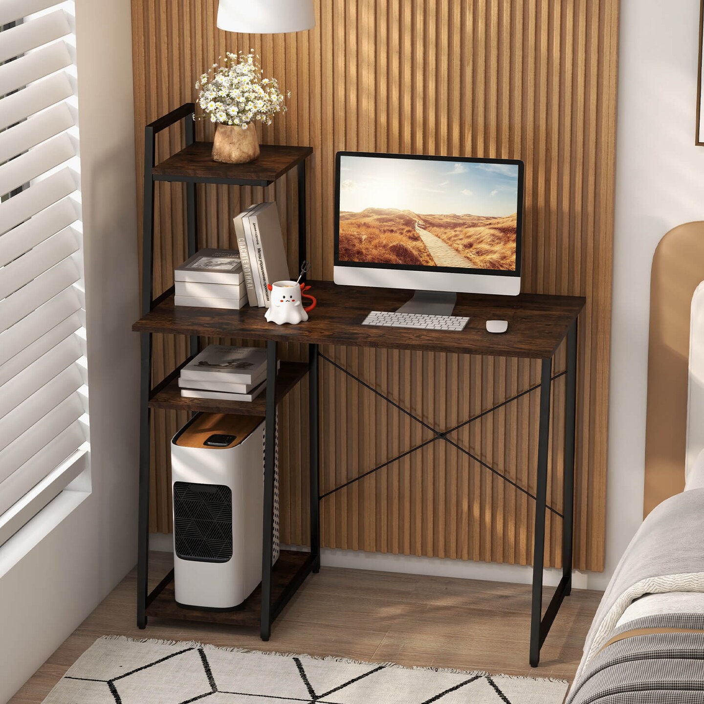 Costway Computer Desk with Shelves Study Writing Desk Workstation with Bookshelf Natural\Brown