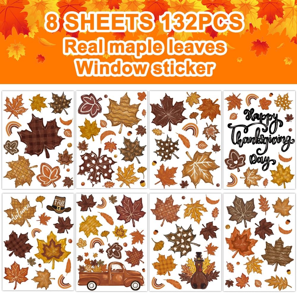 8 Sheets Thanksgiving Fall Leaves Window Clings Decals