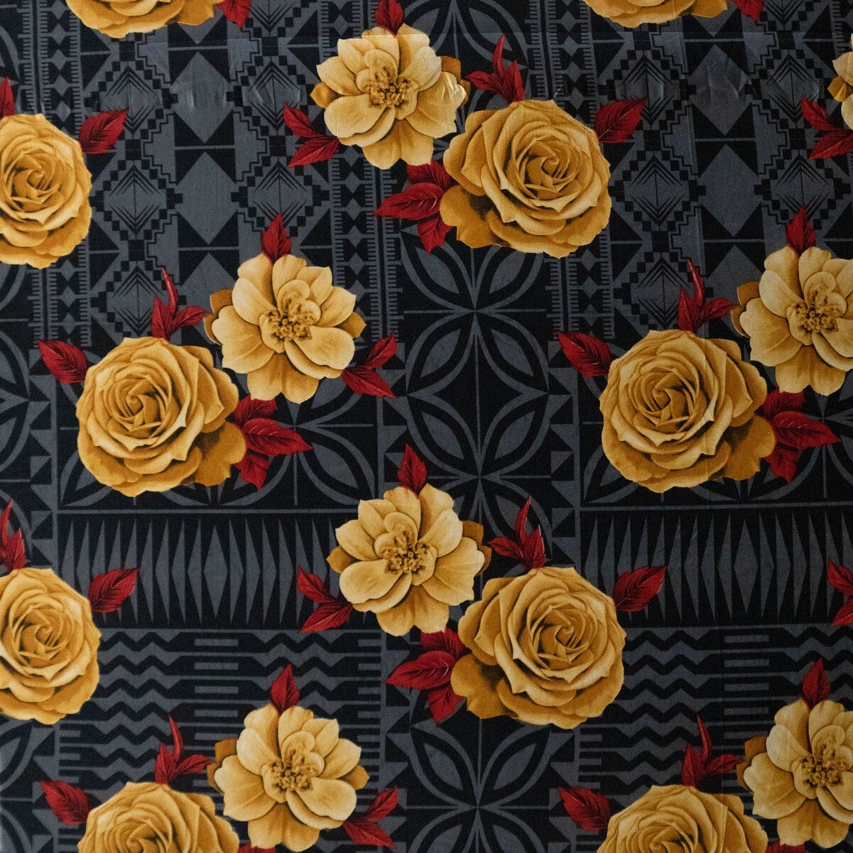 1 Yard Polynesian Rose Geometric Peachskin Fabric with Floral Border Print 44/45 Inches Width