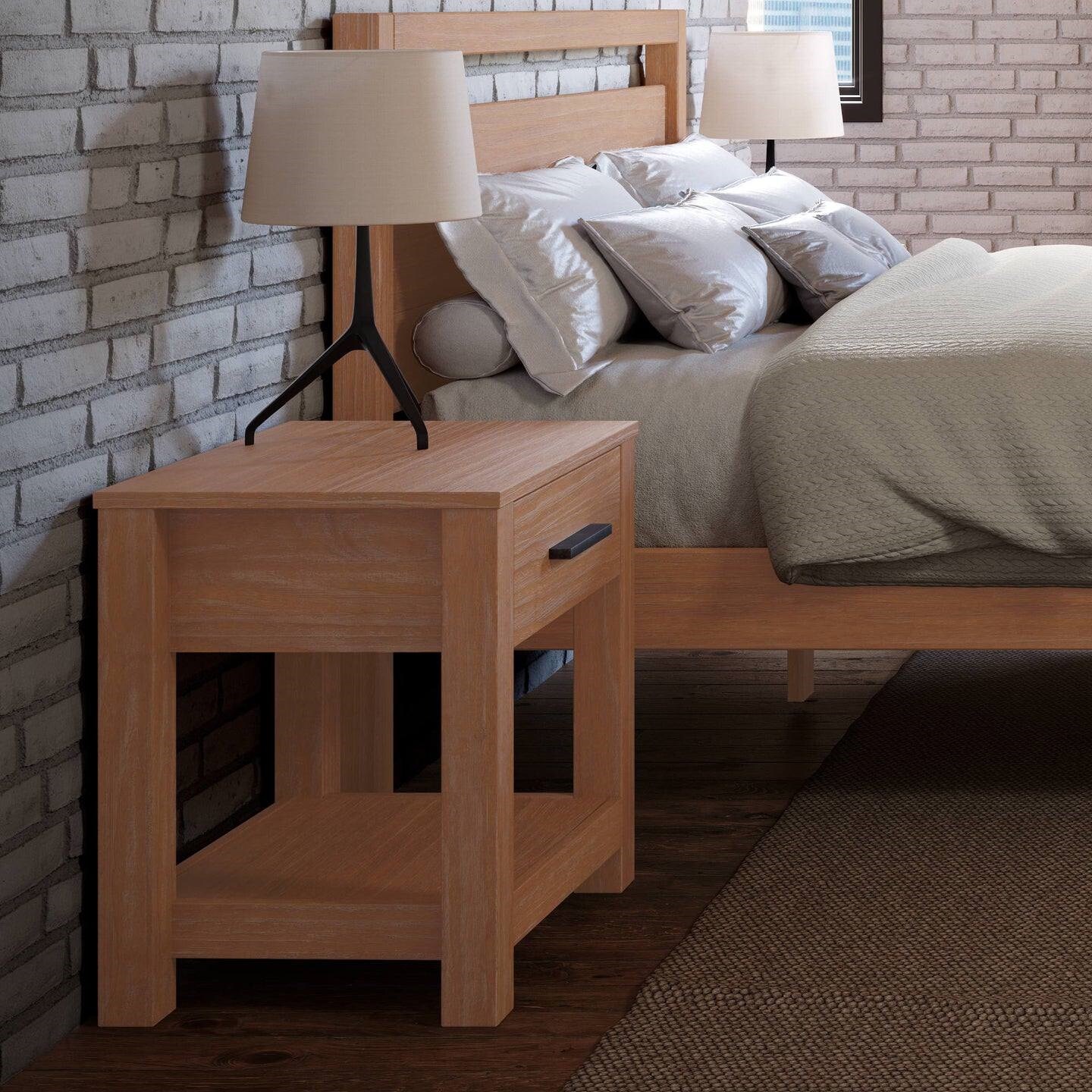 Rustic Pine Solid Wood Nightstand with Drawer and Metal Accents 22 Inch Low Profile Bedside Table
