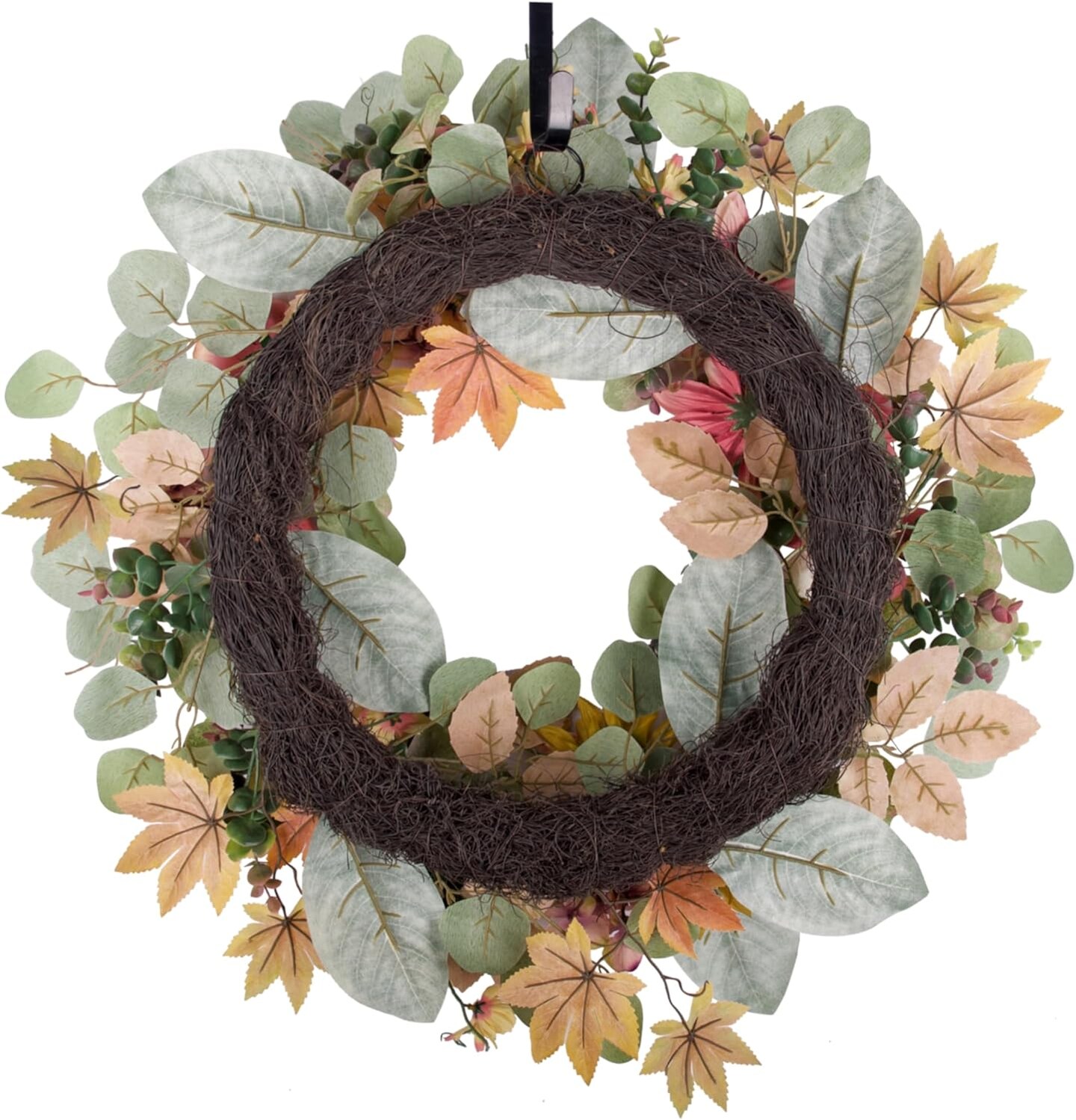 24&#x22; Fall Wreath for Front Door, Handmade with Faux Dahlia Camellia Sunflower