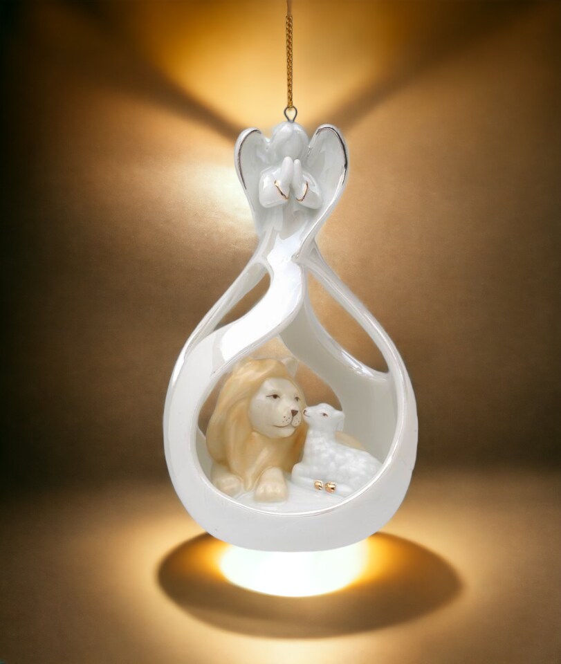 Ceramic Angel with The Lion and Lamb Eternal Peace Ornament, Home Décor, Religious Décor, Religious Gift, Church Décor, Baptism Gift