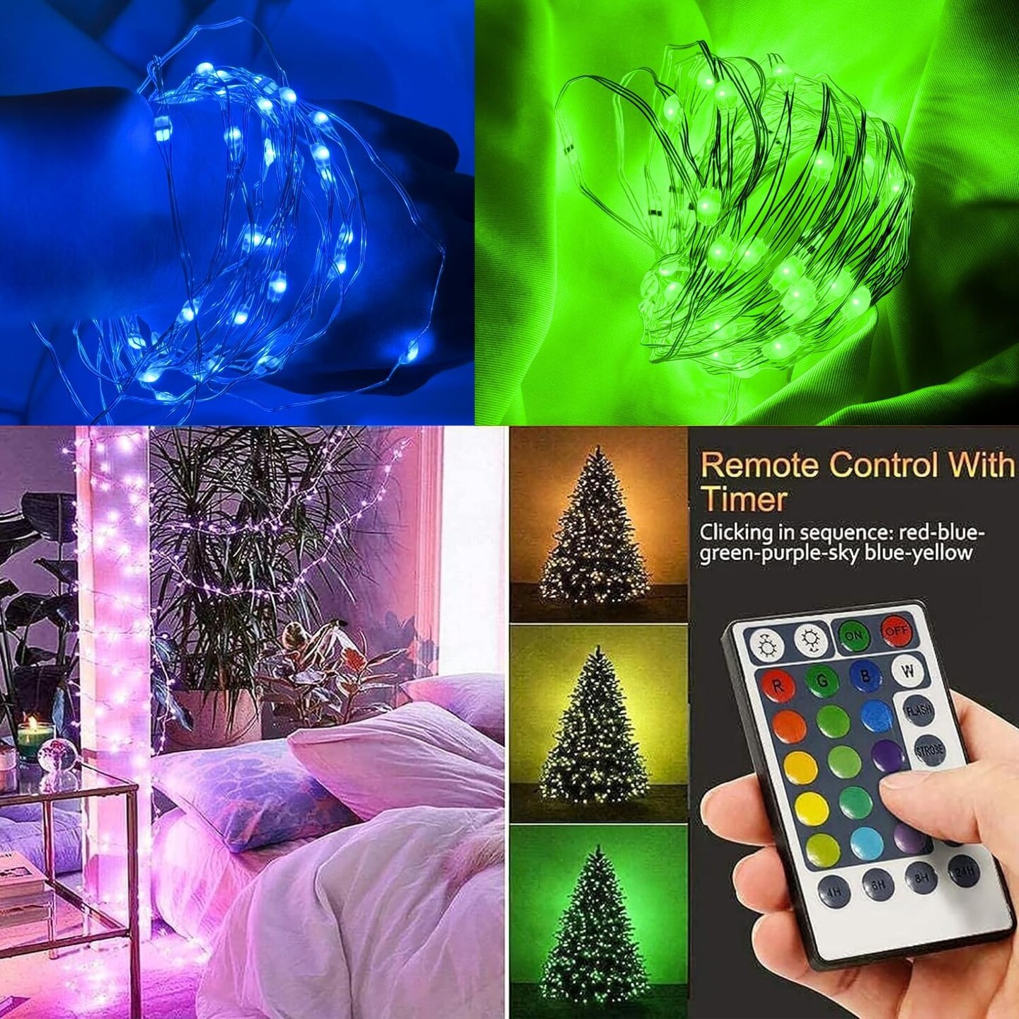 Fairy Lights Battery Operated Twinkle Lights, 50 LED, 16.4Ft Silvery Copper Wire, Remote Included – 2 Pack (Multicolor)