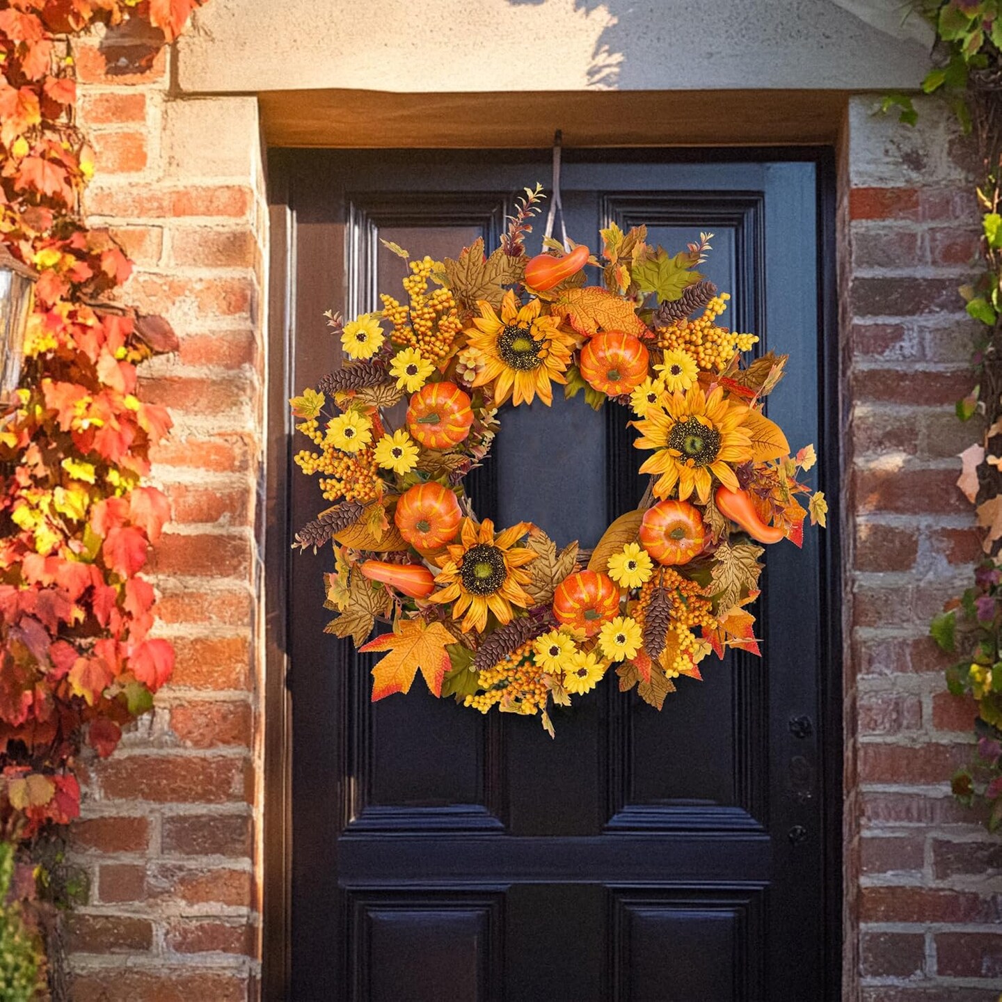 24 Inch Fall Wreaths for Front Door Outside, Pumpkins Thanksgiving Wreath,