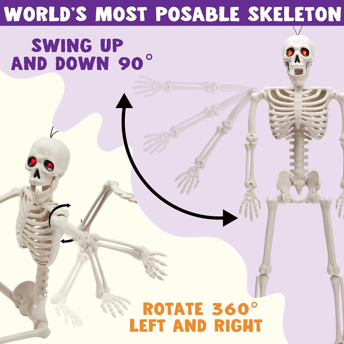 24 Inch Halloween Posable Skeleton with LED Red Glowing Eyes, 2FT Realistic