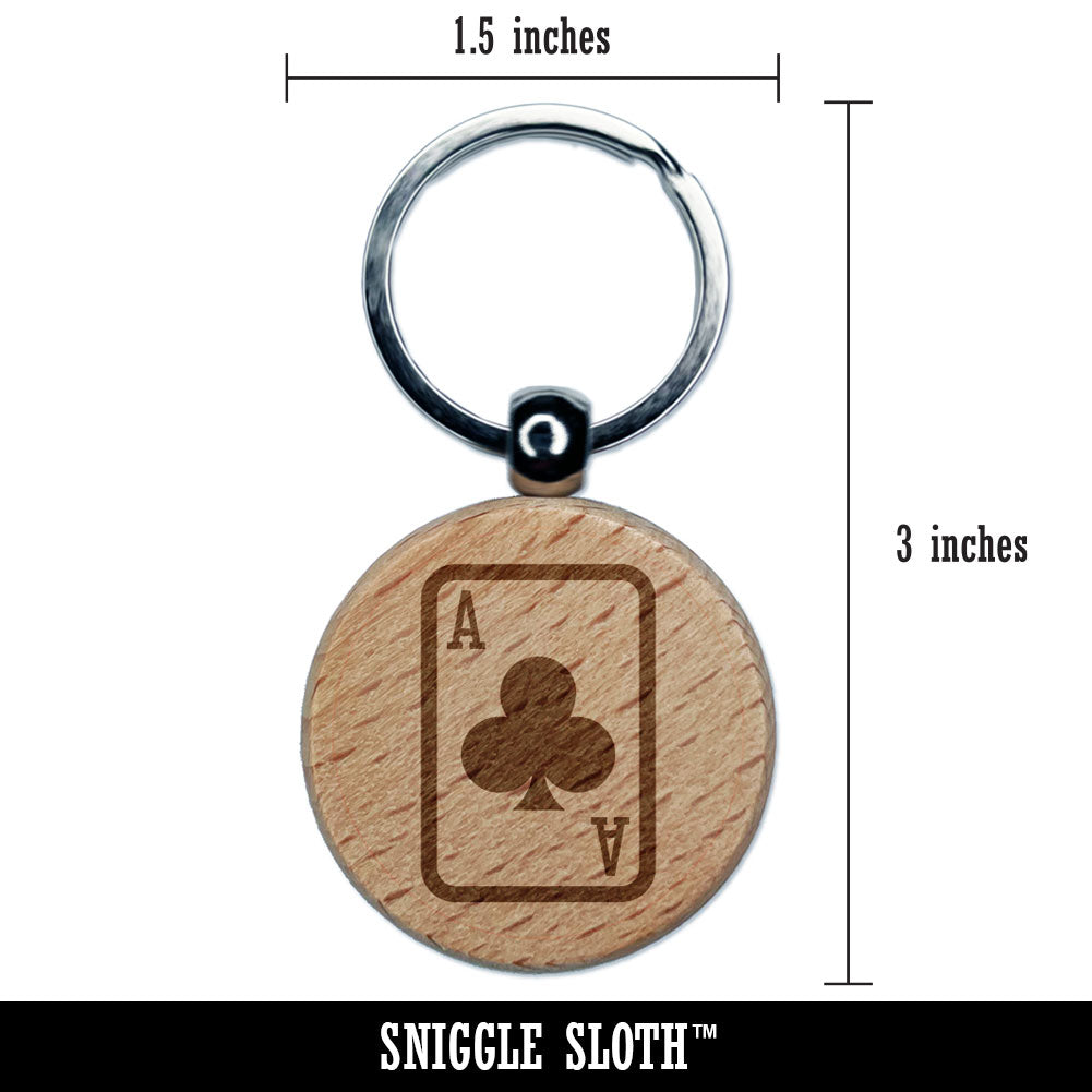 Playing Card Ace of Clubs Engraved Wood Round Keychain Tag Charm
