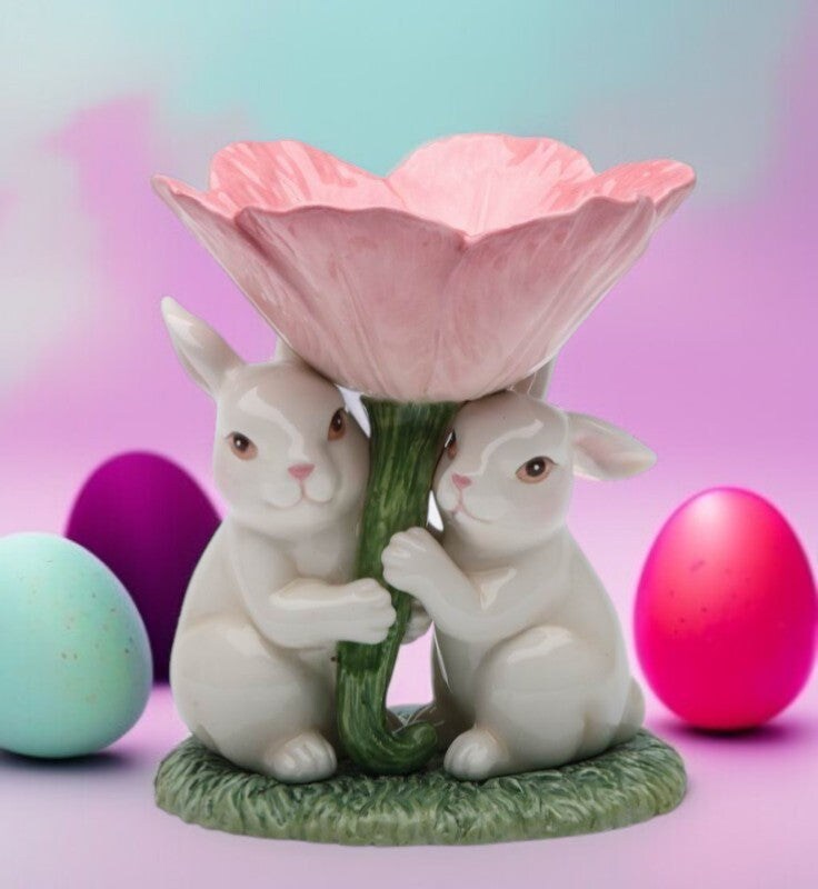 Ceramic Easter Bunny Rabbits with Pink Flower Candle Holder, Gift for Her, Gift for Mom, Kitchen Décor, Spring Décor, Easter Décor