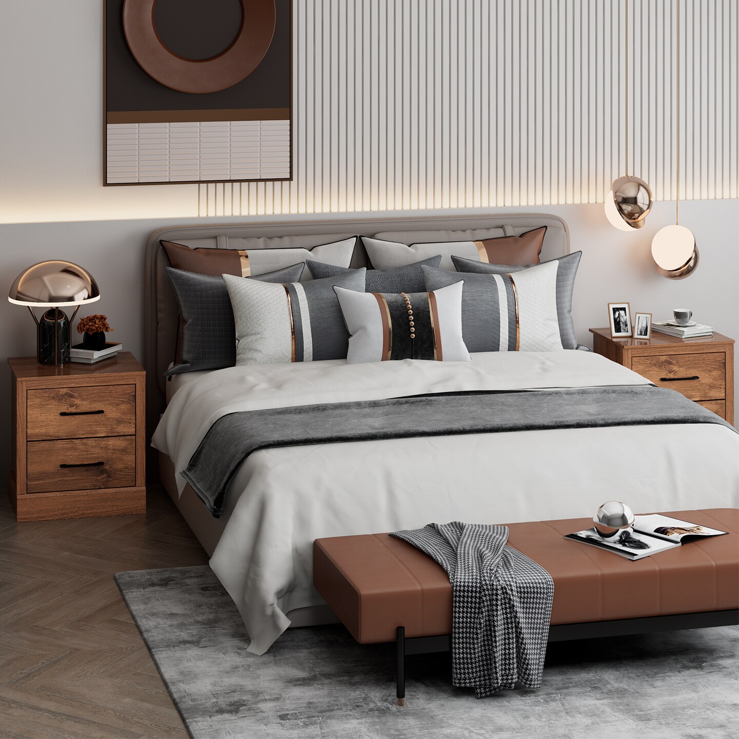 Costway 2 Drawer Nightstand Bedside Table Compact Sofa End Table Dark Grey Oak/Walnut