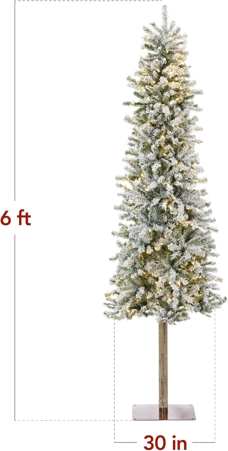 Flocked Pencil Christmas Tree Slim Alpine Green Tree with 250 LED Lights, Snowy Branches &#x26; Metal Stand
