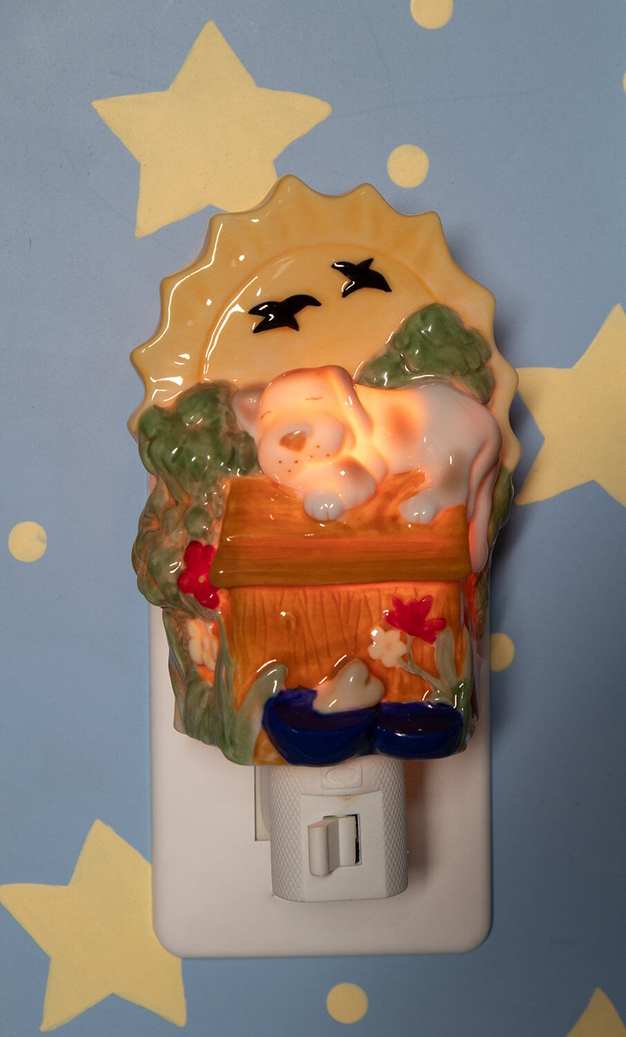 Ceramic Sleeping Dog on Doghouse Plug-In Nightlight, Home D&#xE9;cor, Nursery Room D&#xE9;cor, Baby Registry Gift, Gift for Dog Lover