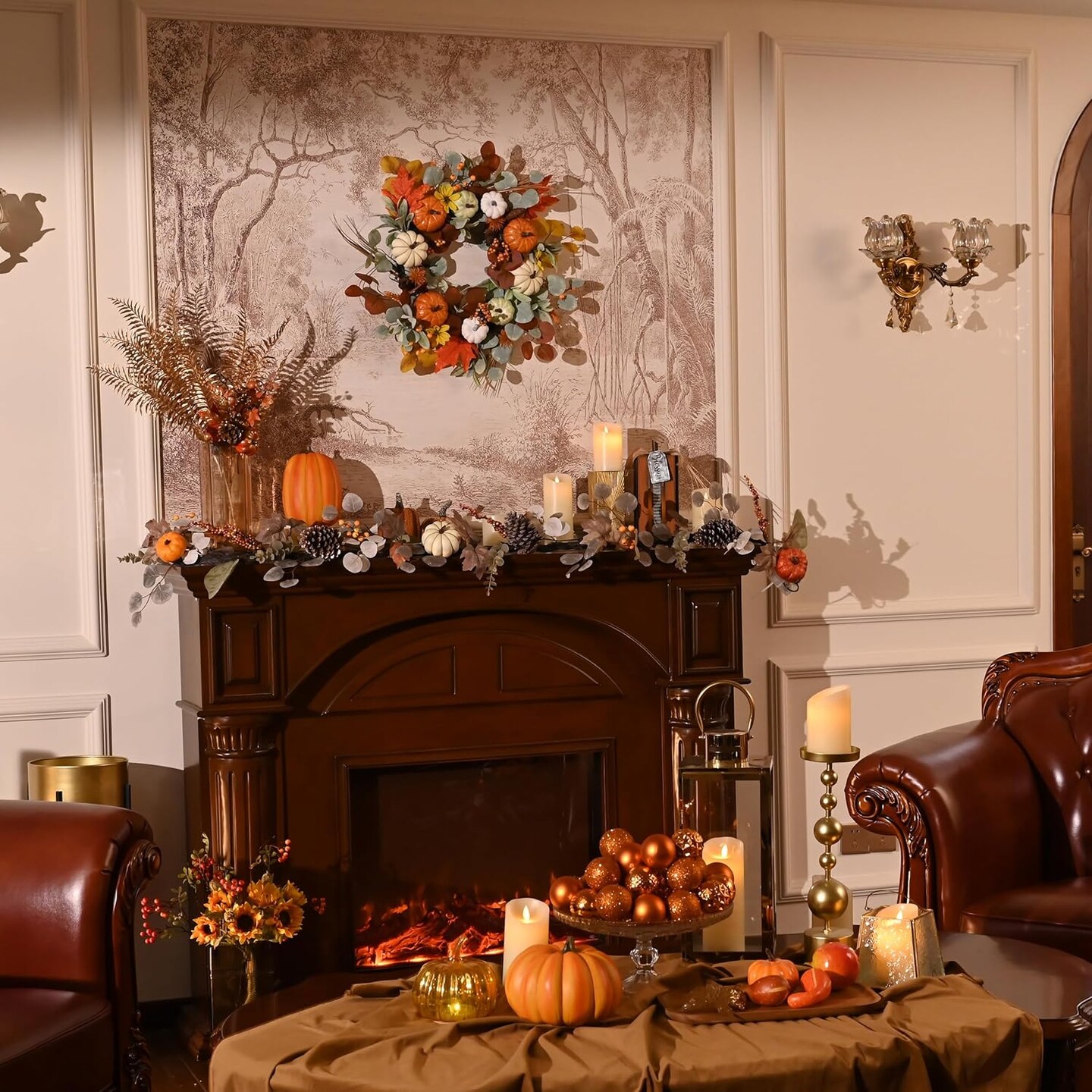 24&#x27;&#x27; Collapsible Fall Wreath with Lights