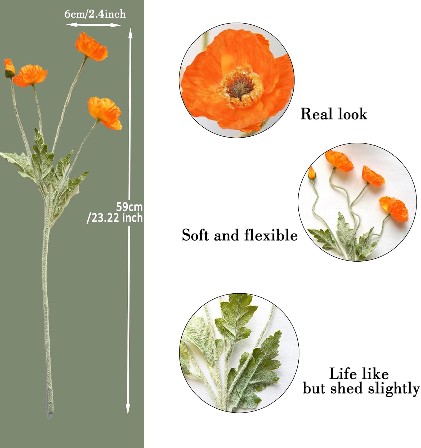 Artificial Poppies Flowers – 5 PCS Silk Flowers for Home, Office, Wedding, Outdoor Décor (Orange)