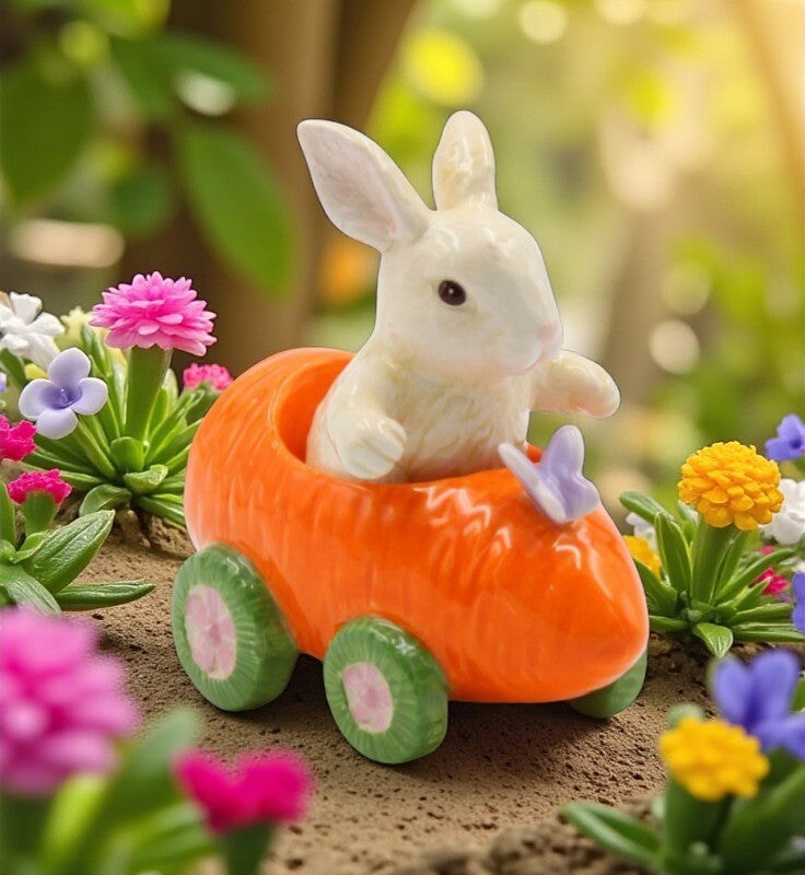 Ceramic Bunny Rabbit In Carrot Racecar Salt And Pepper Shakers, Home Décor, Gift for Her or Mom, Kitchen Décor, Spring or Easter Décor
