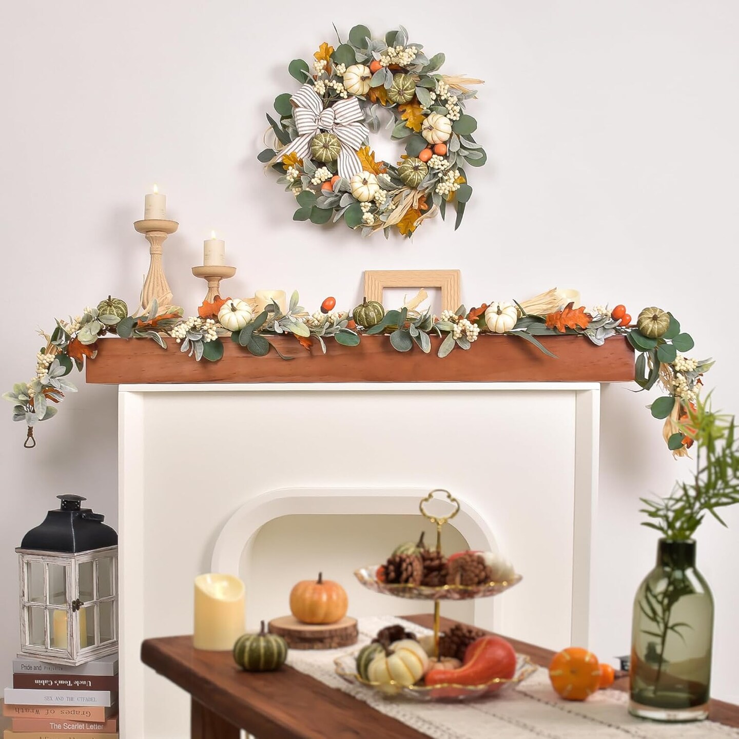 20&#x27;&#x27; Fall Wreath with Lights, Eucalyptus Pumpkins Autumn Wreaths