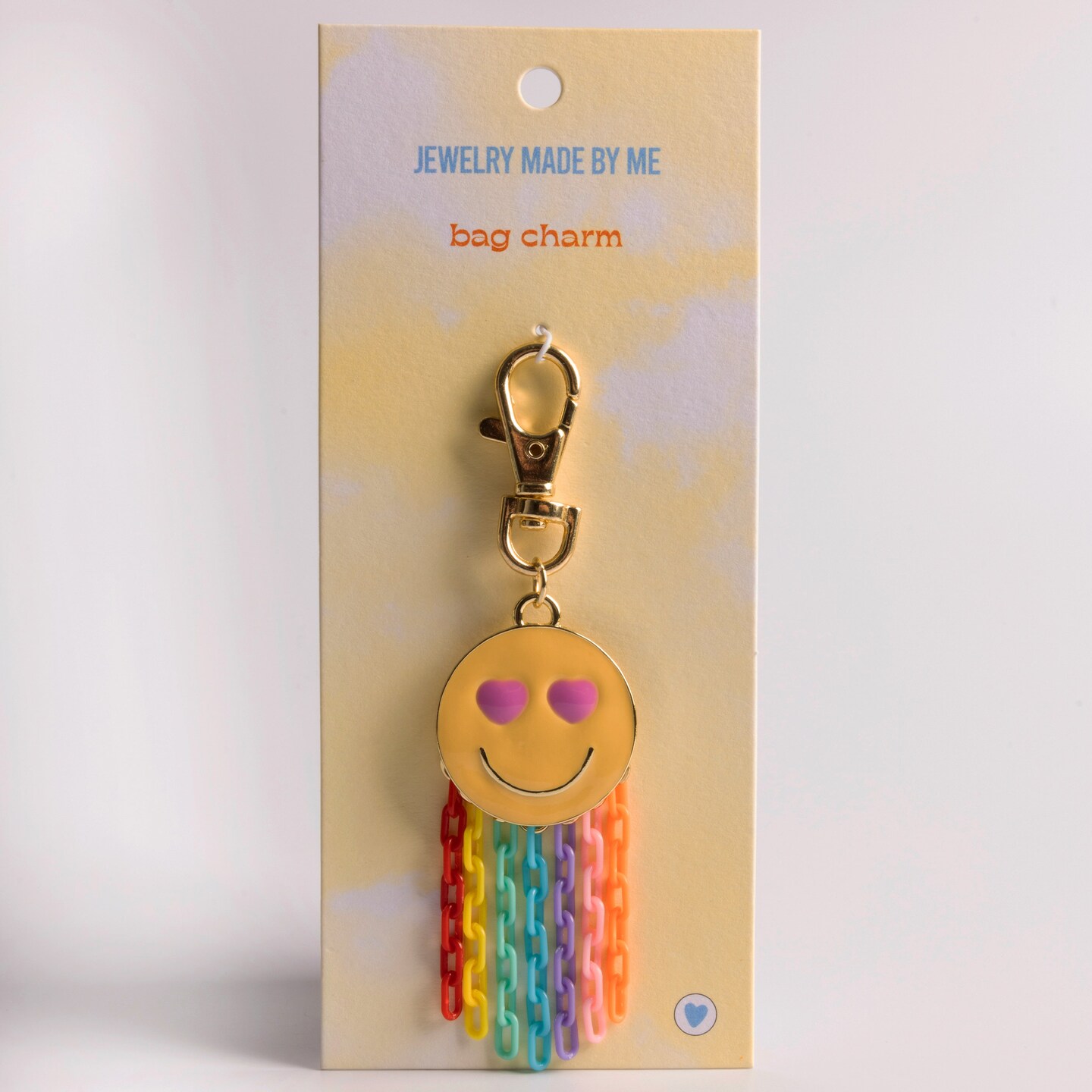 JMBM Kids Heart Eyes Emoji Enamel Happy Face Bag Backpack Charm Clip with Rainbow Chain Fringe