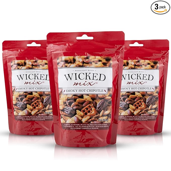 Wicked Mix Snack Mix with Mixed Nuts - Sweet and Salty Snacks Trail Mix Snack Packs with Almonds, Cashews, Pretzels, Pecans - Healthy Snacks Zero Trans Fat in Resealable Bag (Smoky Hot Chipotle, Pack of 3)