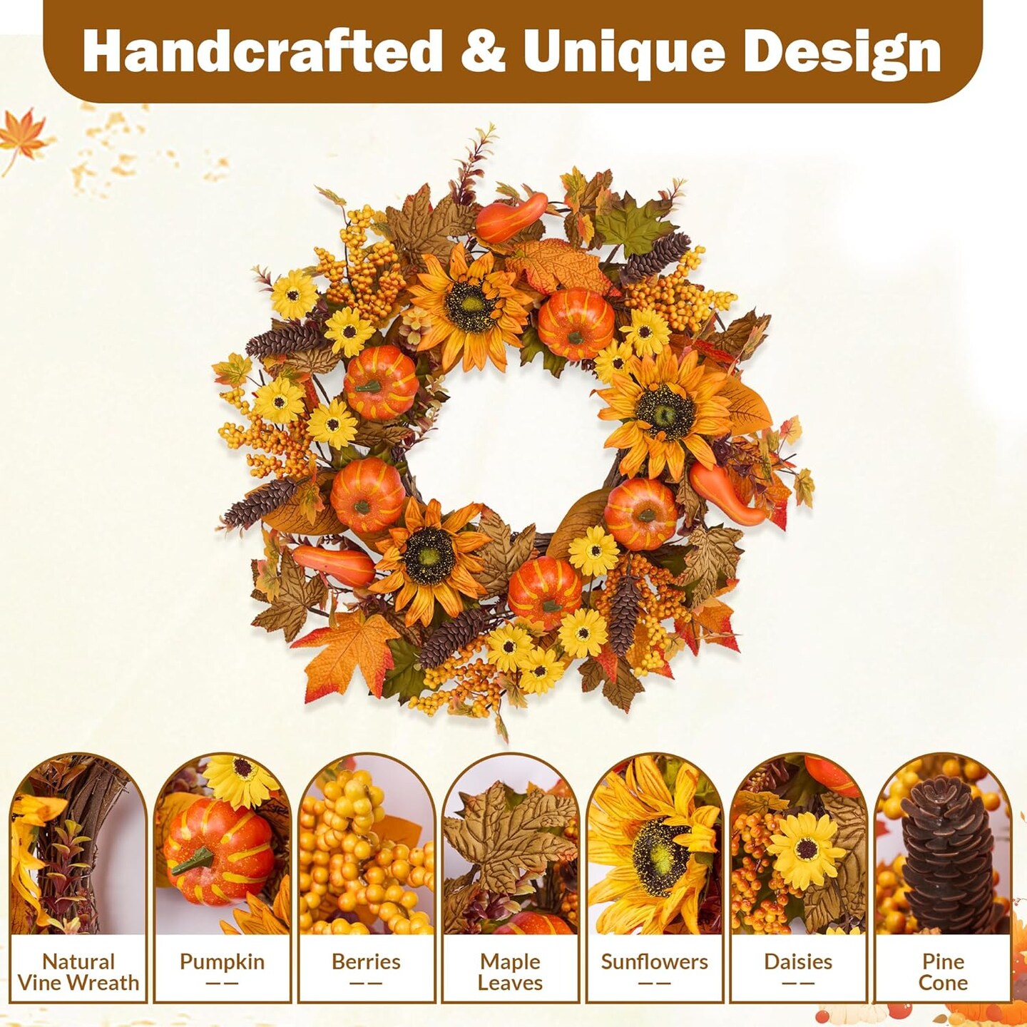 24 Inch Fall Wreaths for Front Door Outside, Pumpkins Thanksgiving Wreath,