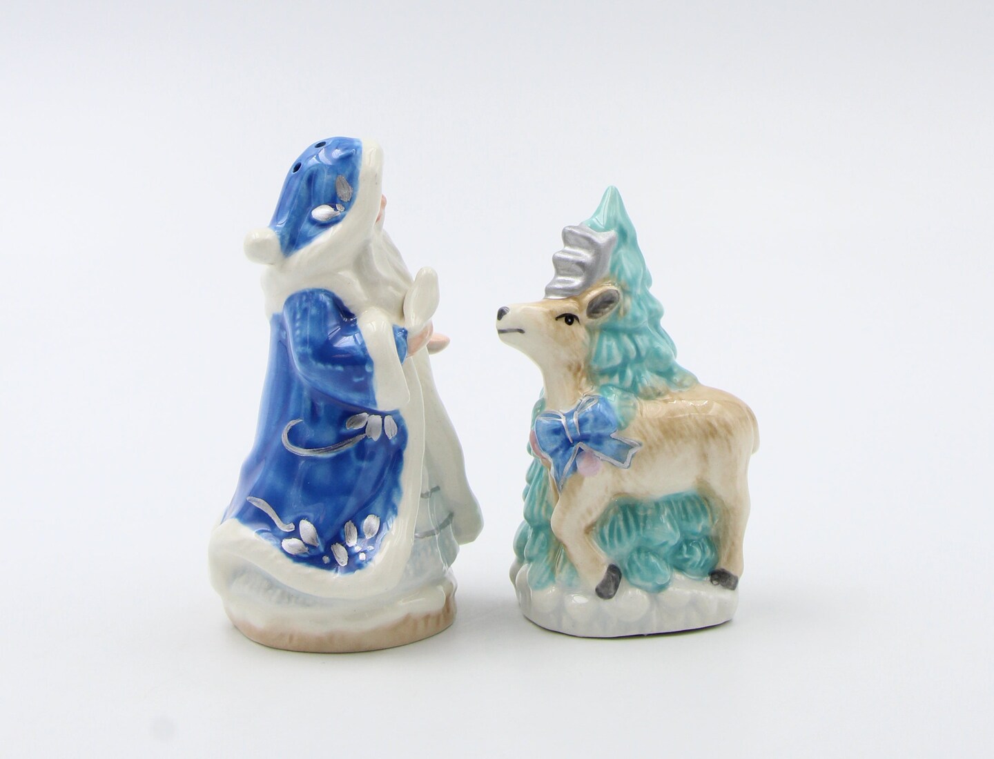 Hand Painted Ceramic Blue Santa Claus with Reindeer &#x26; Tree Salt and Pepper Shakers, Home D&#xE9;cor, Gift for Her, Gift for Mom, Kitchen D&#xE9;cor