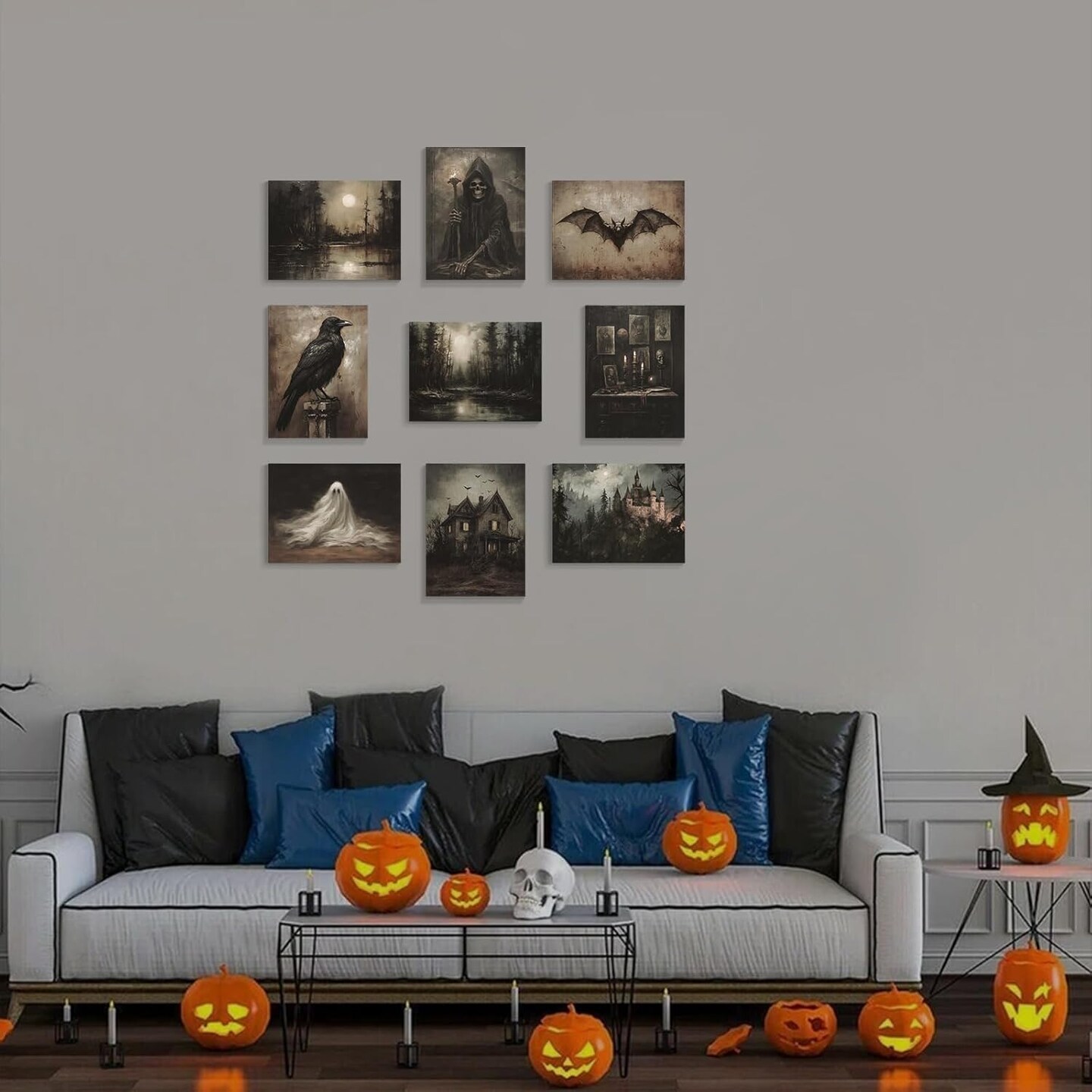 Halloween Wall Art Set – 9PCS Dark Academia Prints (8x10) Featuring Ghosts, Witches, Ravens, Bats & Haunted House Scenes, Moody Gothic Forest Décor for Home & Bedroom