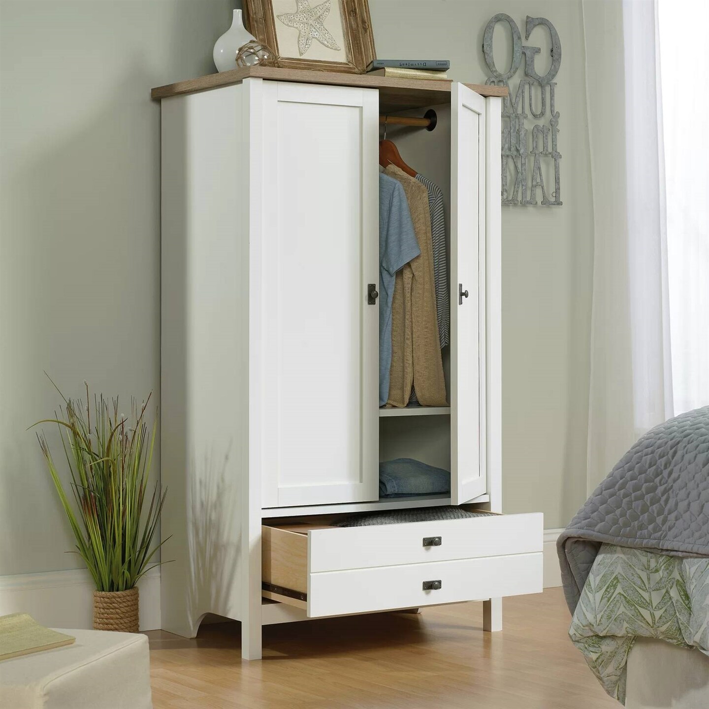 Farmhouse Bedroom Armoire Cabinet with Bottom Storage Drawer in White Wood Finish