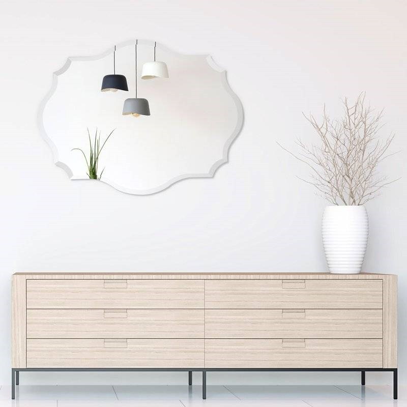 White Beveled Frameless Accent Mirror with Scalloped Corners and Curved Edges