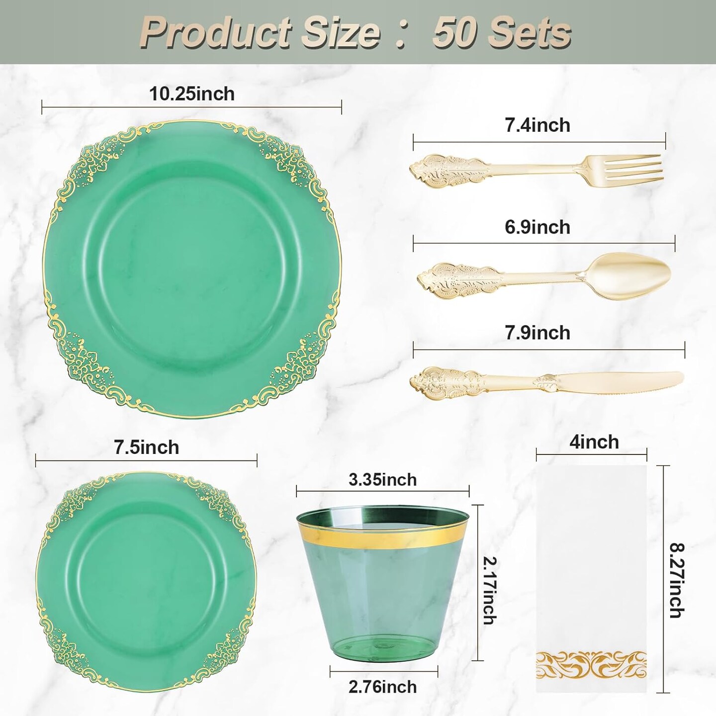 350PCS Green & Gold Disposable Dinnerware Set – Plates, Cutlery, Cups & Napkins for 50 Guests