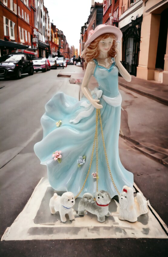 Ceramic Pretty Lady in Dress Walking Dogs Figurine, Home Décor, Gift for Her, Gift for Mom, Dog Lover Gift, Pet Loss Gift