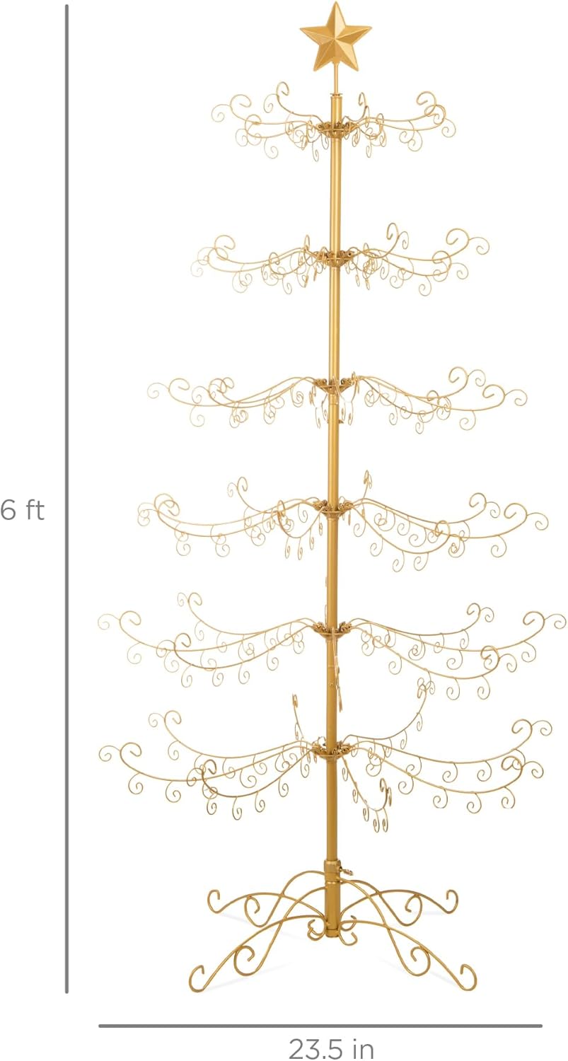 Gold Wrought Iron Ornament Display Christmas Tree Foldable Stand, & Metal Frame for Indoor Holiday Decor
