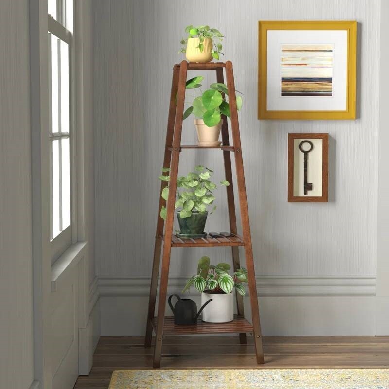 Modern Wood 4 Tier Pyramidal Plant Stand for Indoor Corner Display