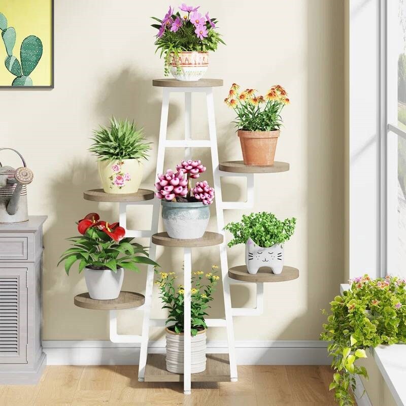 Metal and Wood 7-Tier Indoor Plant Stand with Scratch-Resistant Shelves