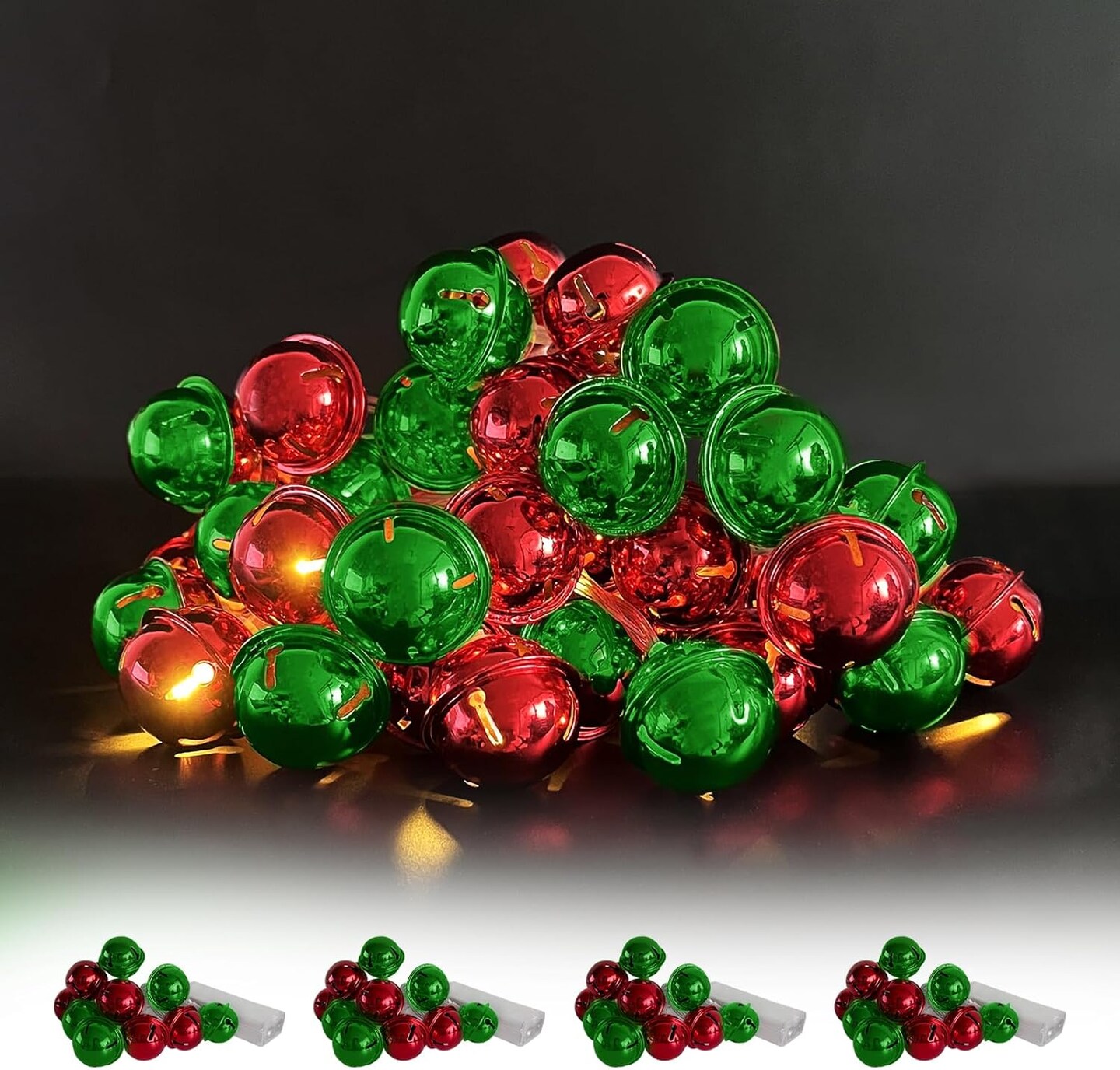 4-Pack Christmas Jingle Bells Lights – 26 Ft Total, 40 Red & Green Metal Bells, Battery Operated LED String Lights for Holiday Décor & Weddings (Red&Green)